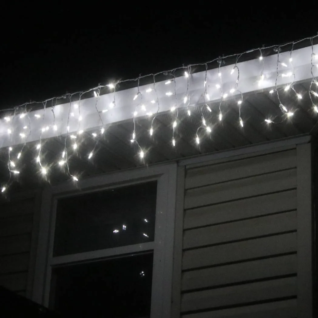 100-light M5 Pure White LED Icicle Lights, White Wire