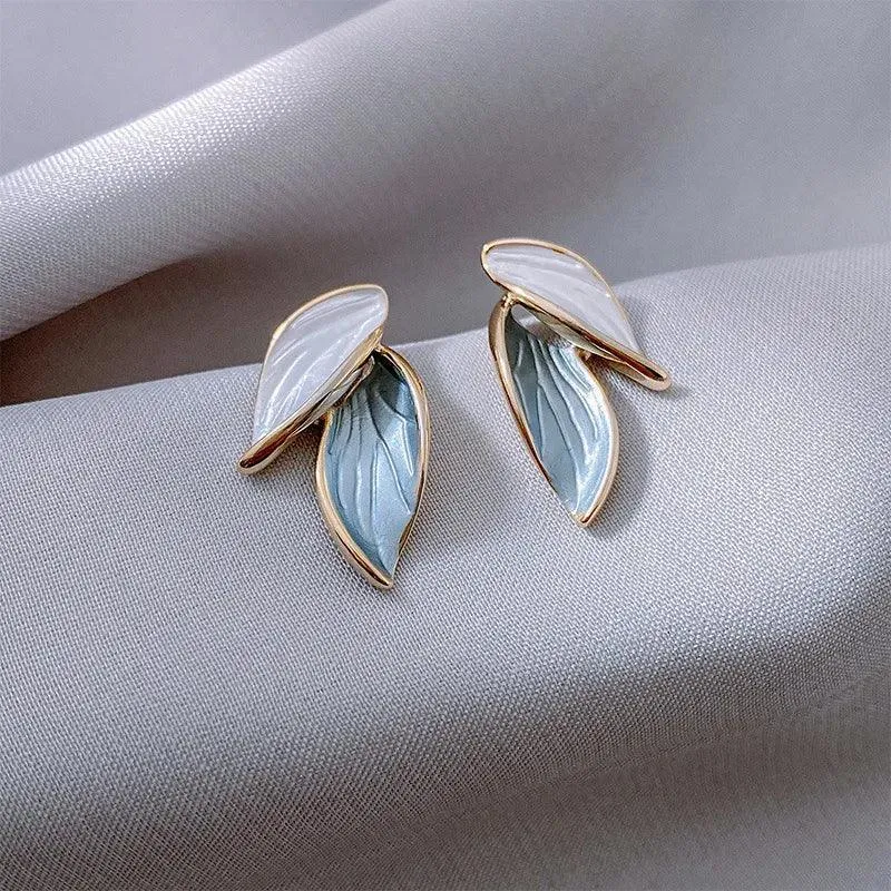 2024  Blue And White Metal Leaf Earrings Women's