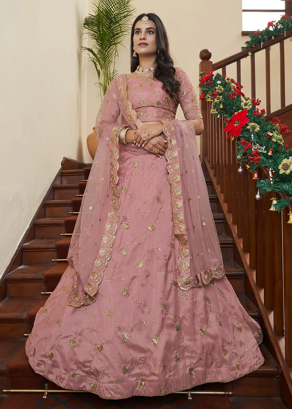 Adorning Art Silk Peach Wedding Lehenga Choli