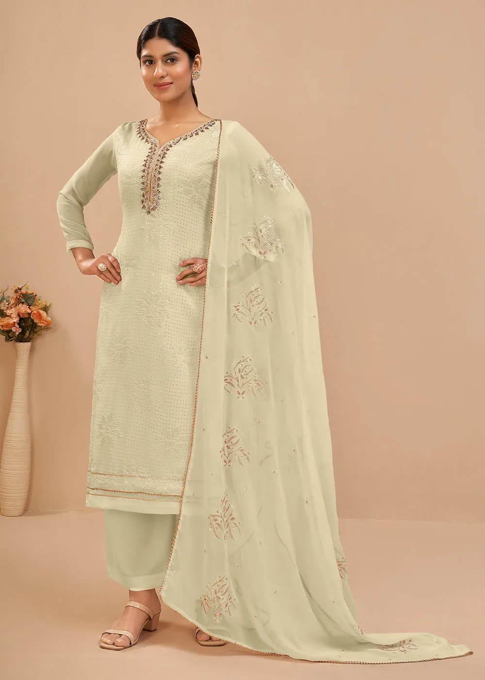 Attractive Off White Sequins & Khatli Work Festive Palazzo Suit