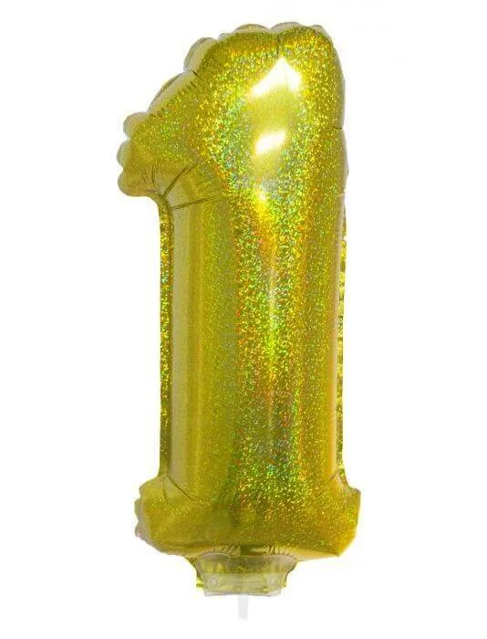 Balloon on Stick - 16" Gold Number 1 - Holographic