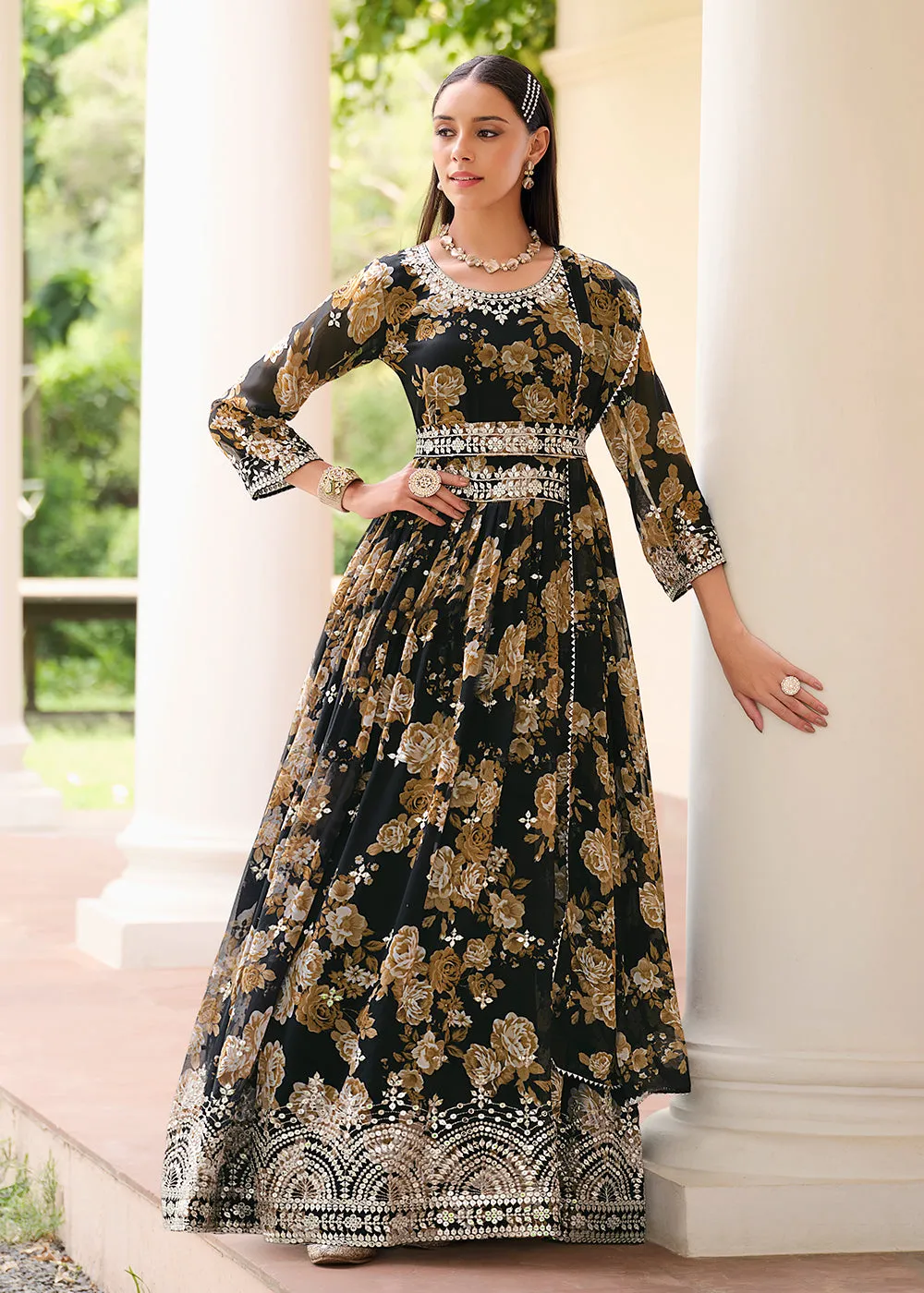 Black Floral Digital Printed & Embroidered Festive Anarkali Gown