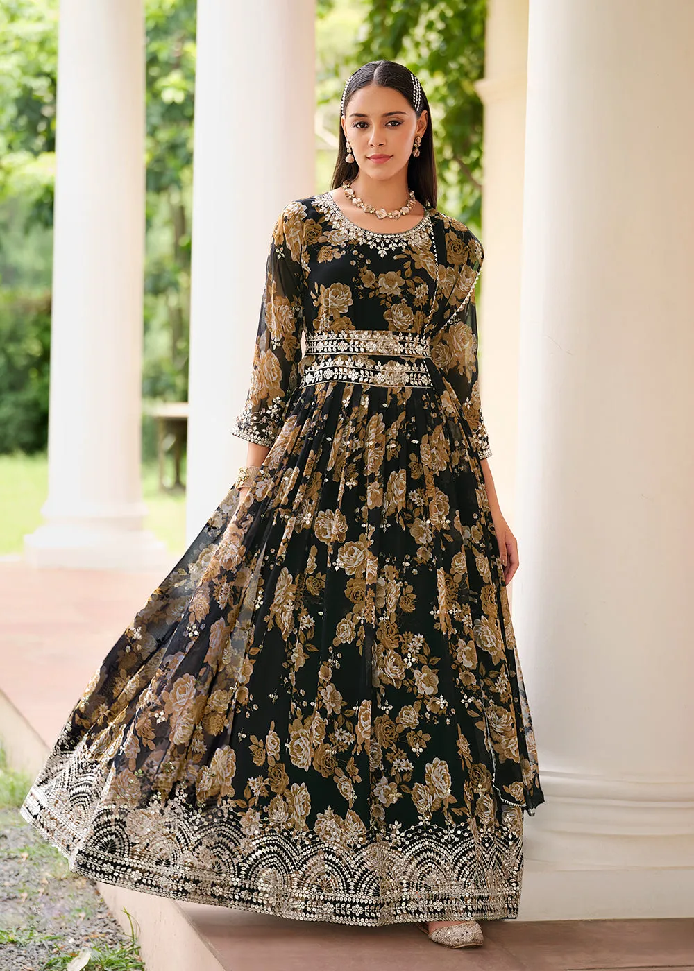 Black Floral Digital Printed & Embroidered Festive Anarkali Gown