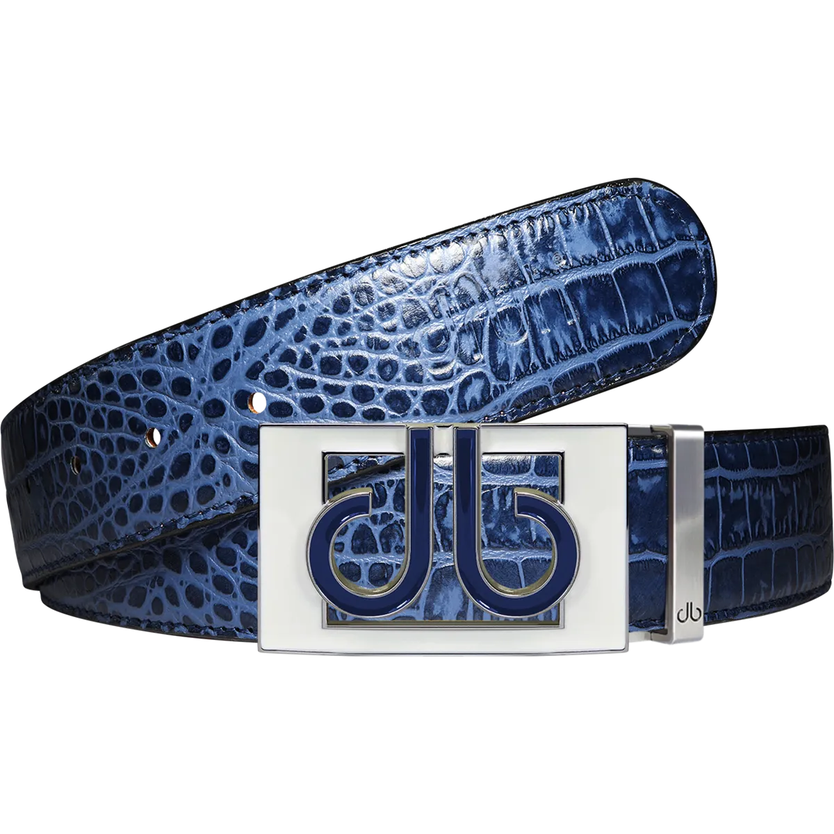 Blue Crocodile Textured Leather Belt with Colour Thru White and Blue Buckle