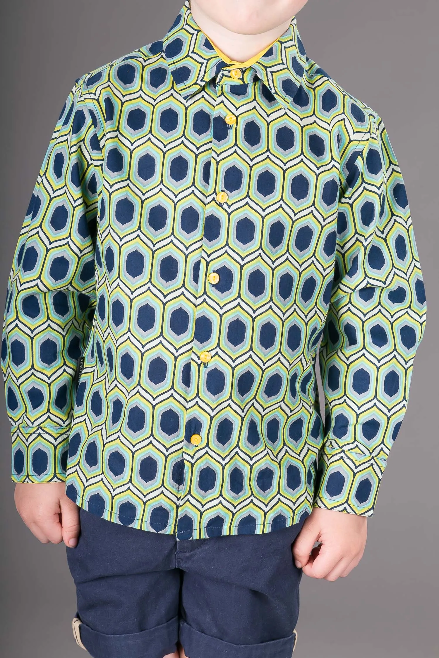 Boys Cotton Blue Yellow Long Sleeve Shirt