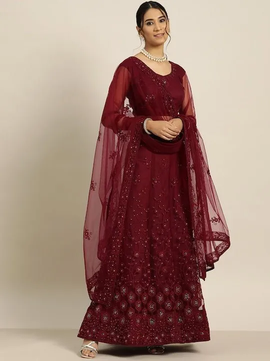 Burgundy Embroidered Beads and Stones Semi-Stitched Lehenga & Unstitched Blouse With Dupatta