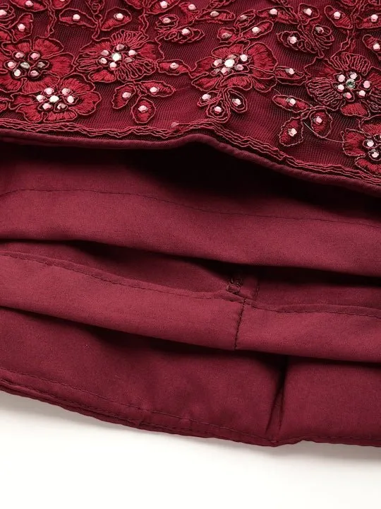 Burgundy Embroidered Beads and Stones Semi-Stitched Lehenga & Unstitched Blouse With Dupatta