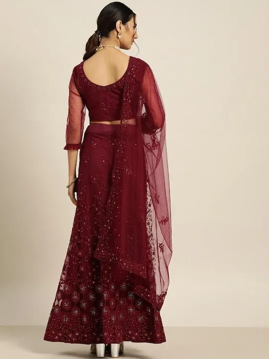 Burgundy Embroidered Beads and Stones Semi-Stitched Lehenga & Unstitched Blouse With Dupatta