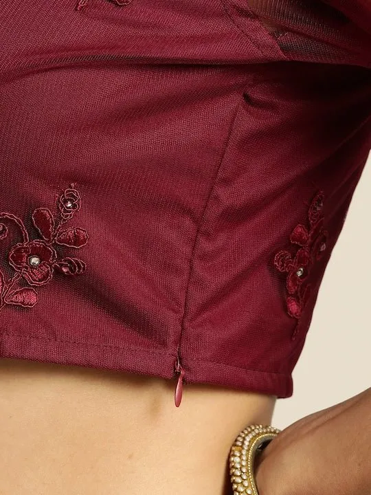 Burgundy Embroidered Beads and Stones Semi-Stitched Lehenga & Unstitched Blouse With Dupatta