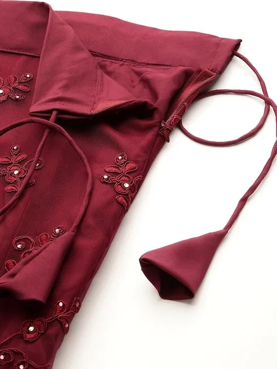 Burgundy Embroidered Beads and Stones Semi-Stitched Lehenga & Unstitched Blouse With Dupatta