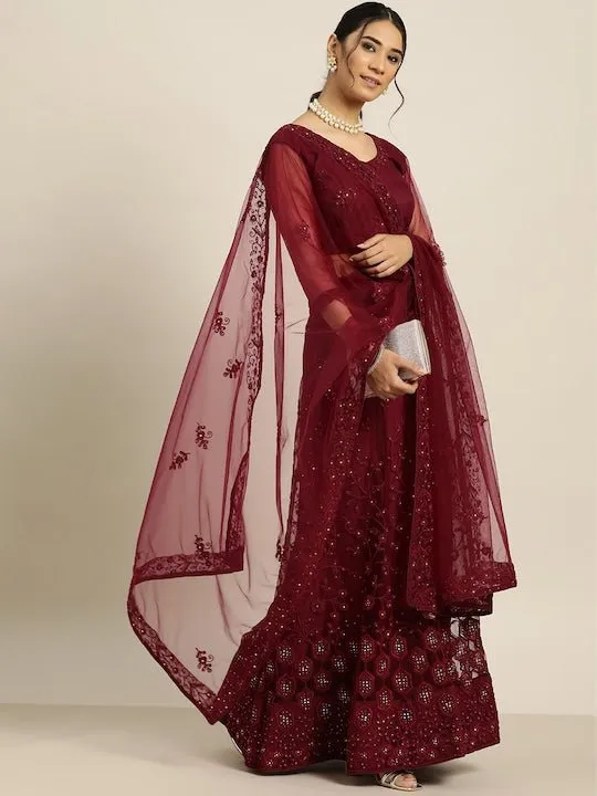 Burgundy Embroidered Beads and Stones Semi-Stitched Lehenga & Unstitched Blouse With Dupatta