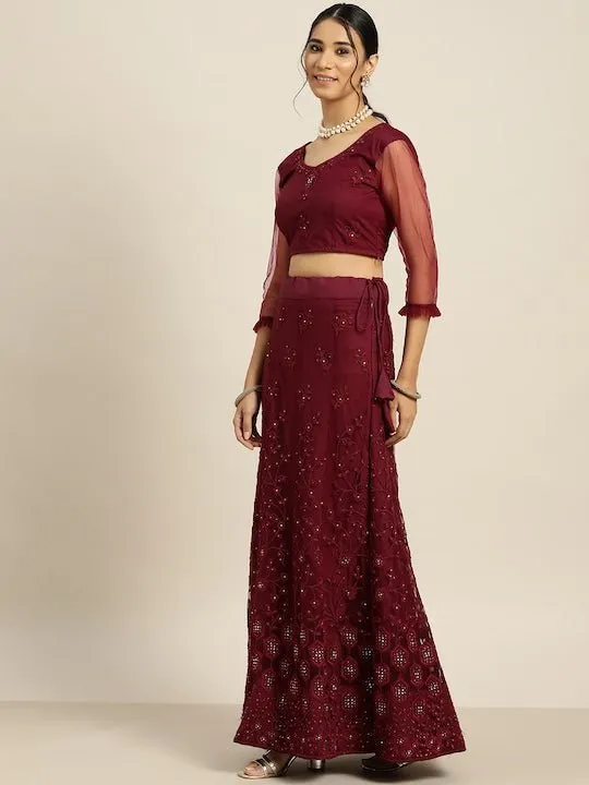 Burgundy Embroidered Beads and Stones Semi-Stitched Lehenga & Unstitched Blouse With Dupatta