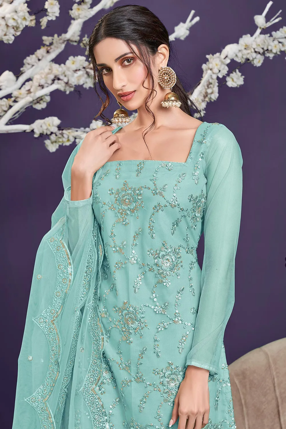 Butterfly Net Aqua Blue Premium Embroidered Gharara Suit