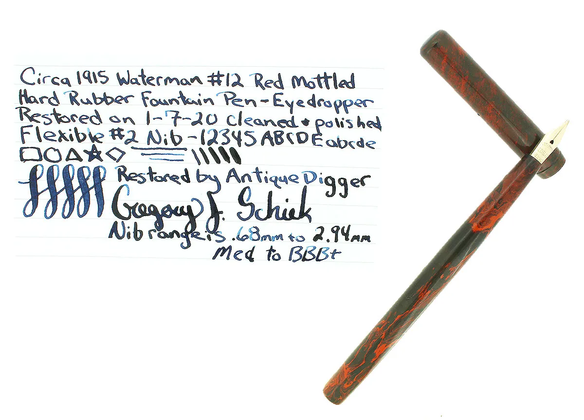 C1915 WATERMAN #12 MOTTLED RED HARD RUBBER FLEX NIB 2.94mm FOUNTAIN PEN RESTORED