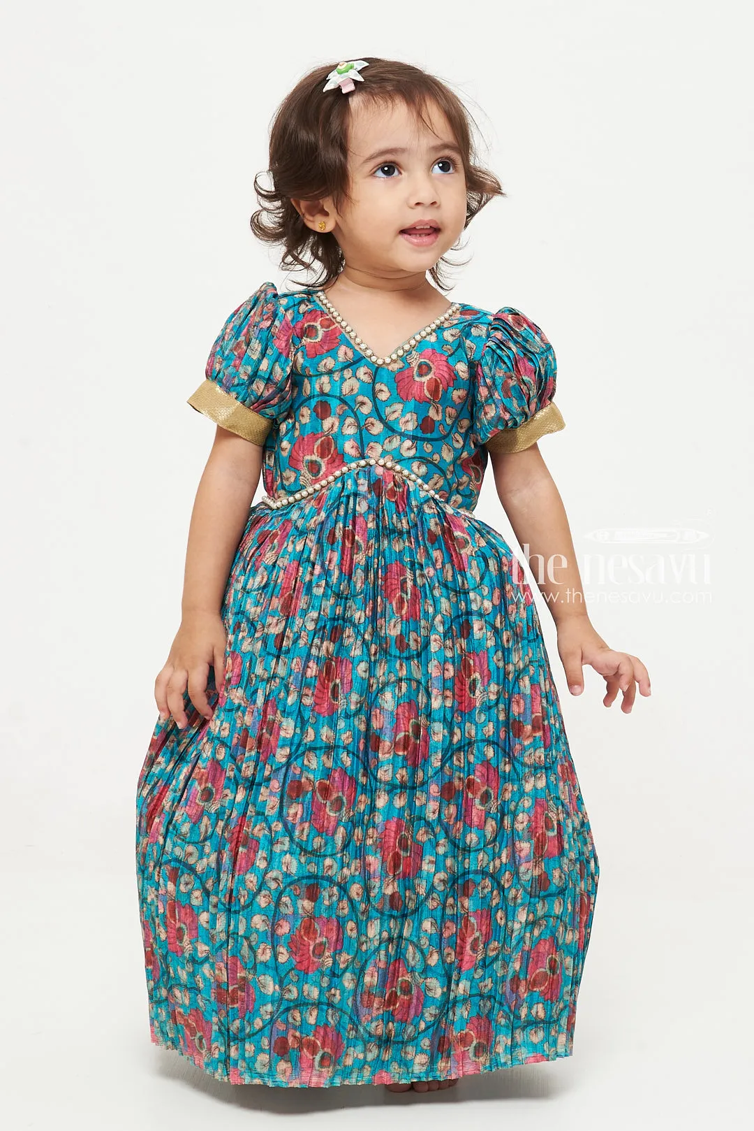 Charming Blue Floral Anarkali Frock for Girls