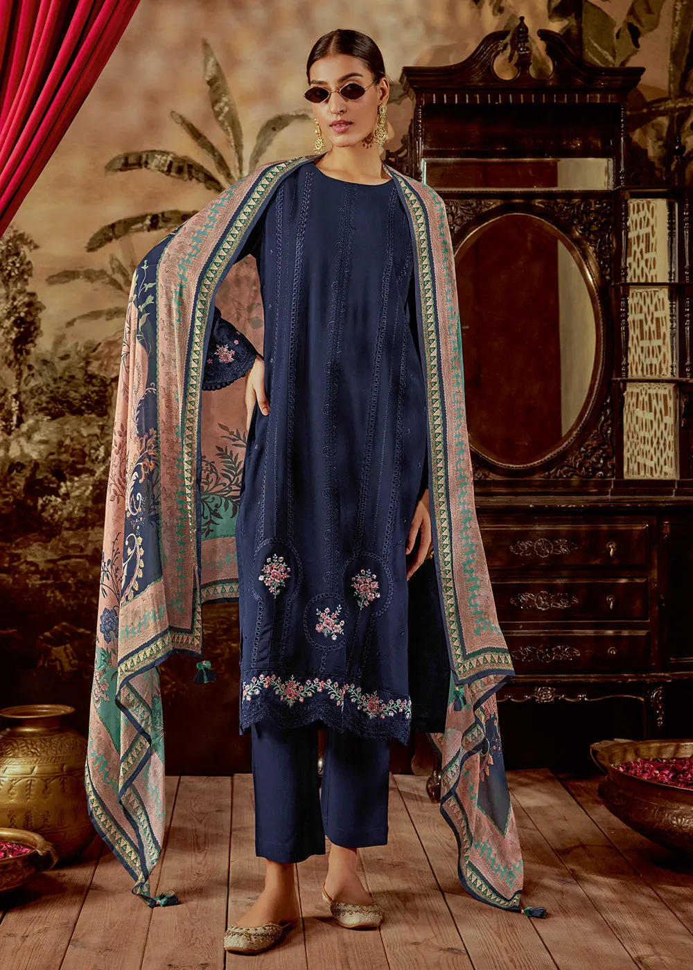 Charming Blue Parsi Style Embroidered Festive Salwar Suit