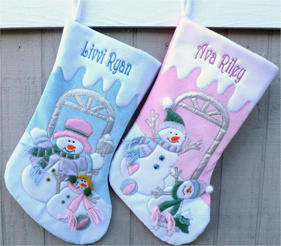 Children's Large Christmas Snowman Personalized stocking with Melting Ice Cuff