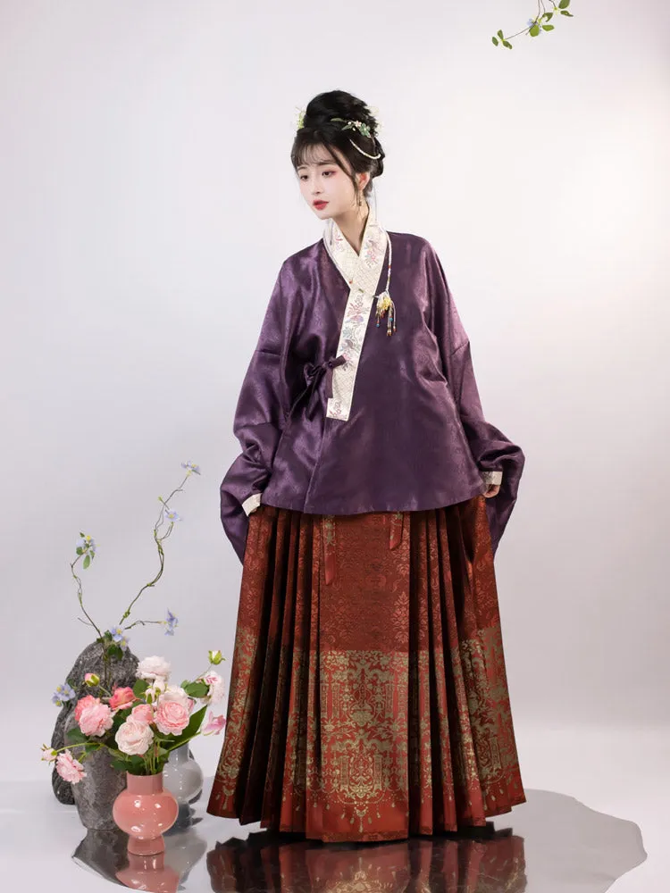 Chinese Style Purple Pipa Sleeve Jacquard Dark Embroidery Ming Dynasty Cross-collar Top Blouse