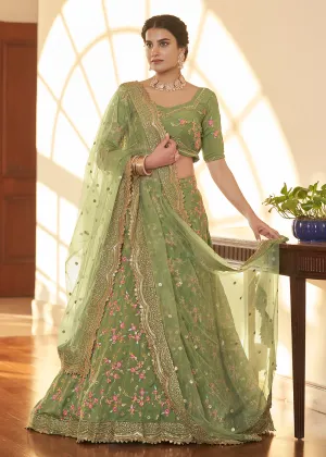 Chinon Silk Green Multi Embroidered Wedding Lehenga Choli