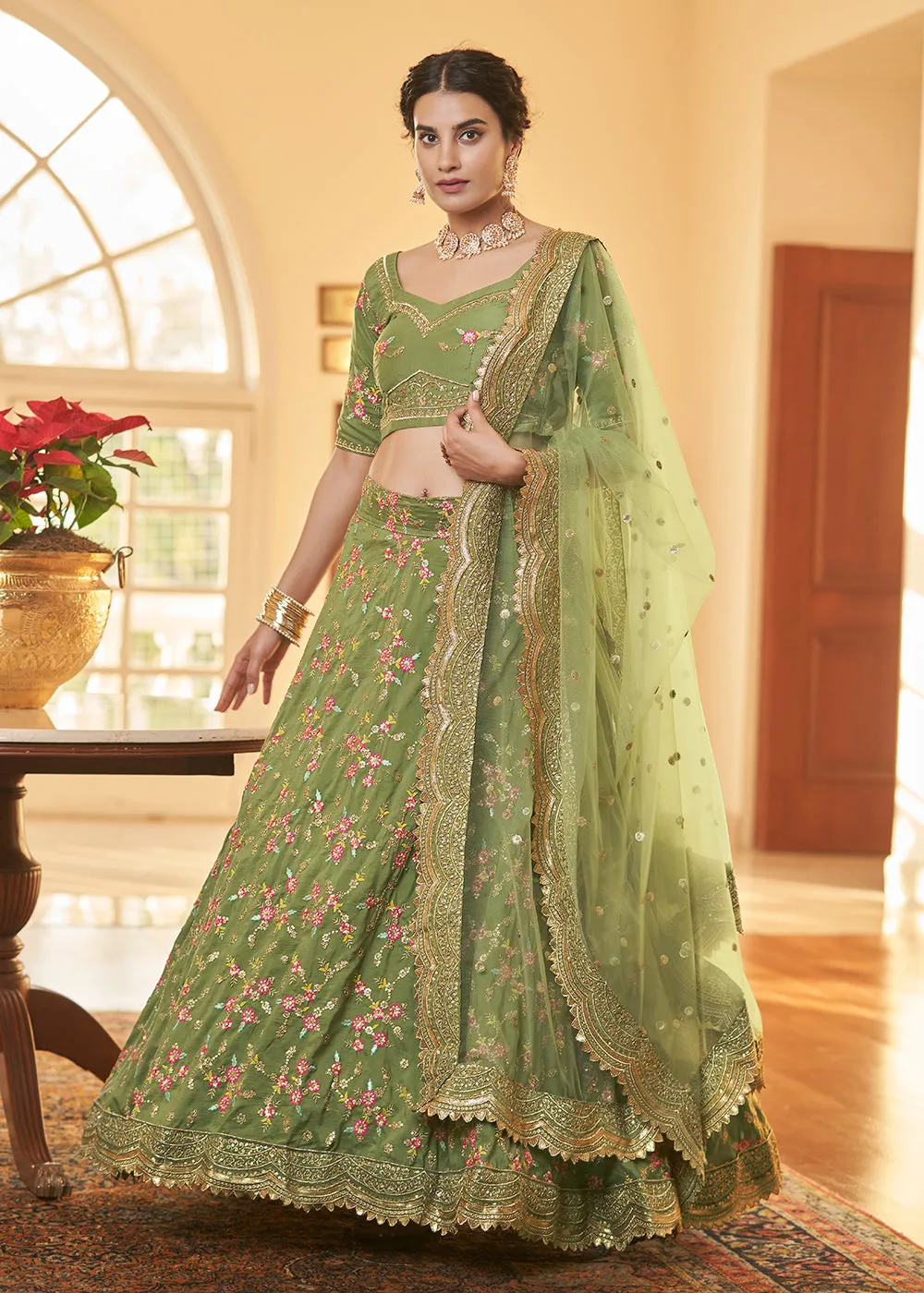 Chinon Silk Green Multi Embroidered Wedding Lehenga Choli