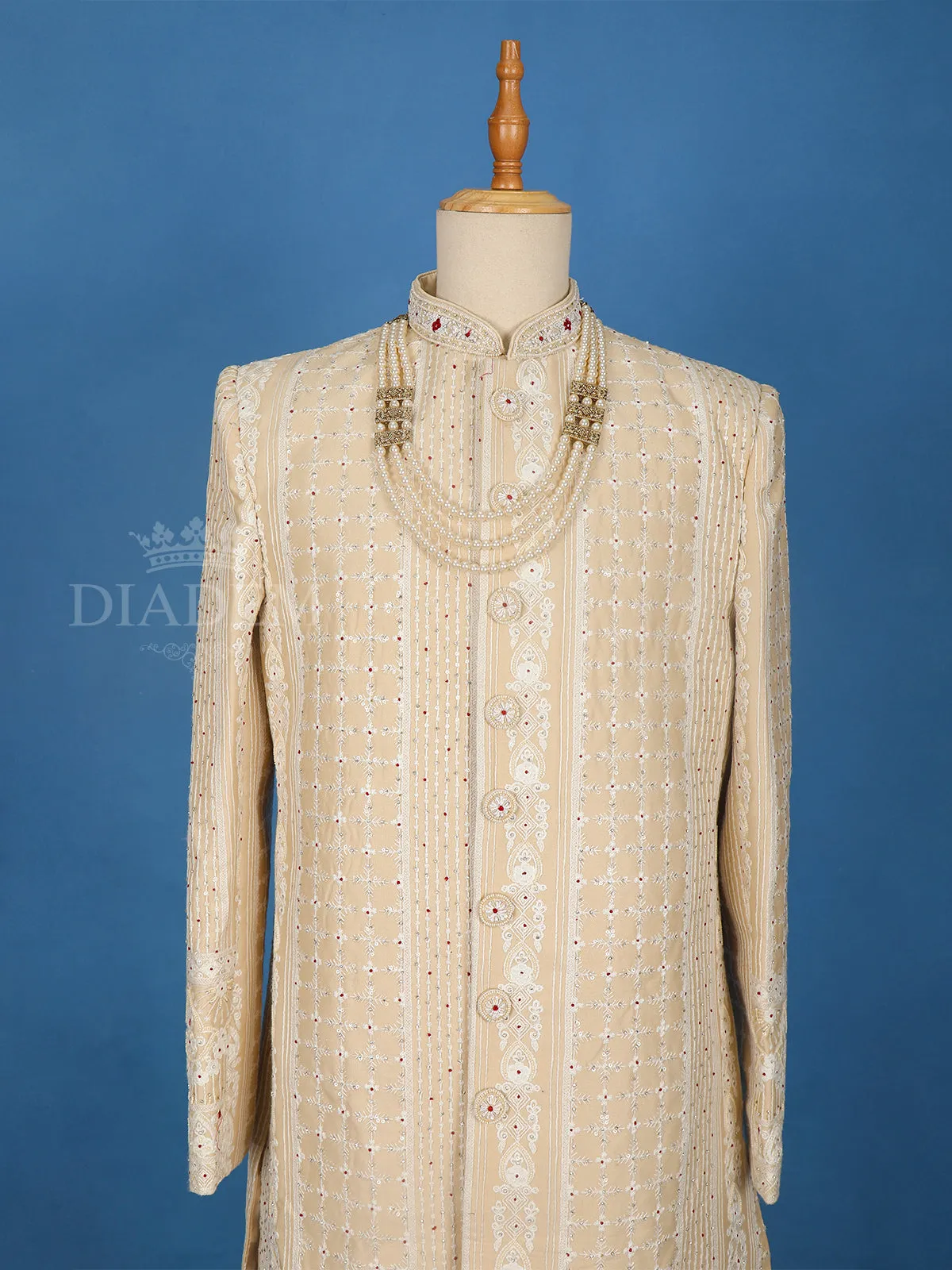 Cream Floral Designed Sherwani Suit