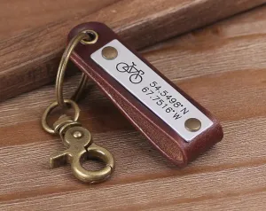 Custom Latitude Longitude Engraved Leather Keychain