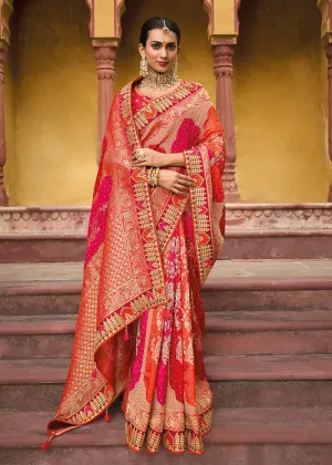 Designer Multicolor Orange & Pink Silk Wedding Wear Saree