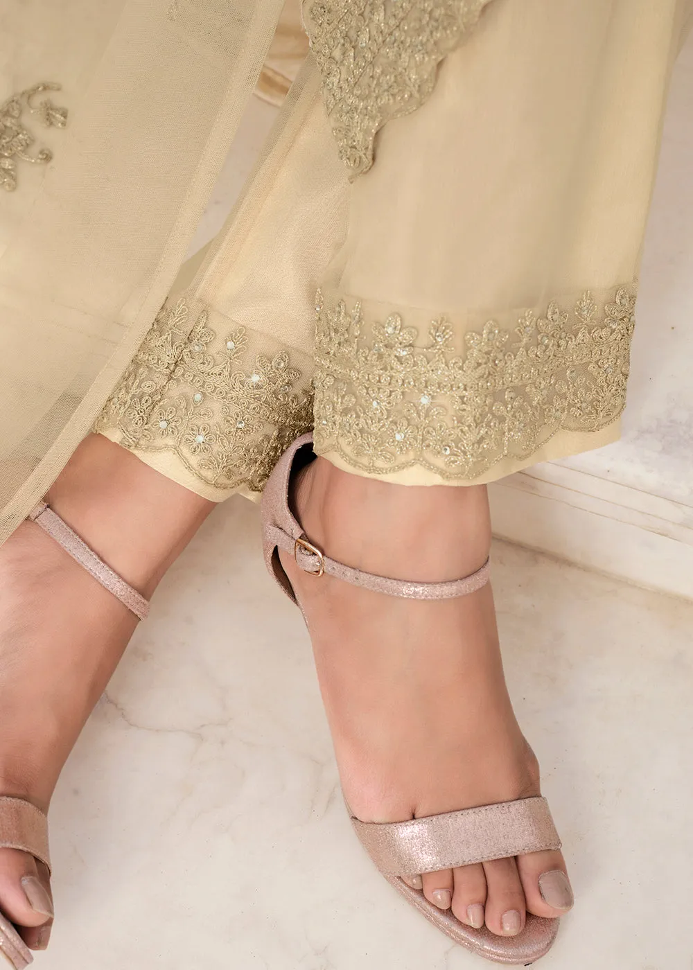 Divine Off White & Gold Embroidered Pant Style Salwar Suit