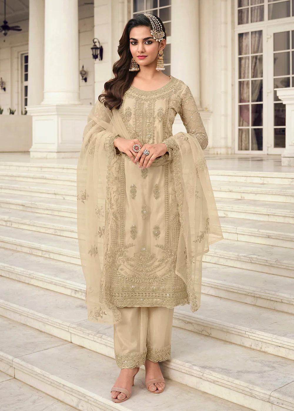 Divine Off White & Gold Embroidered Pant Style Salwar Suit