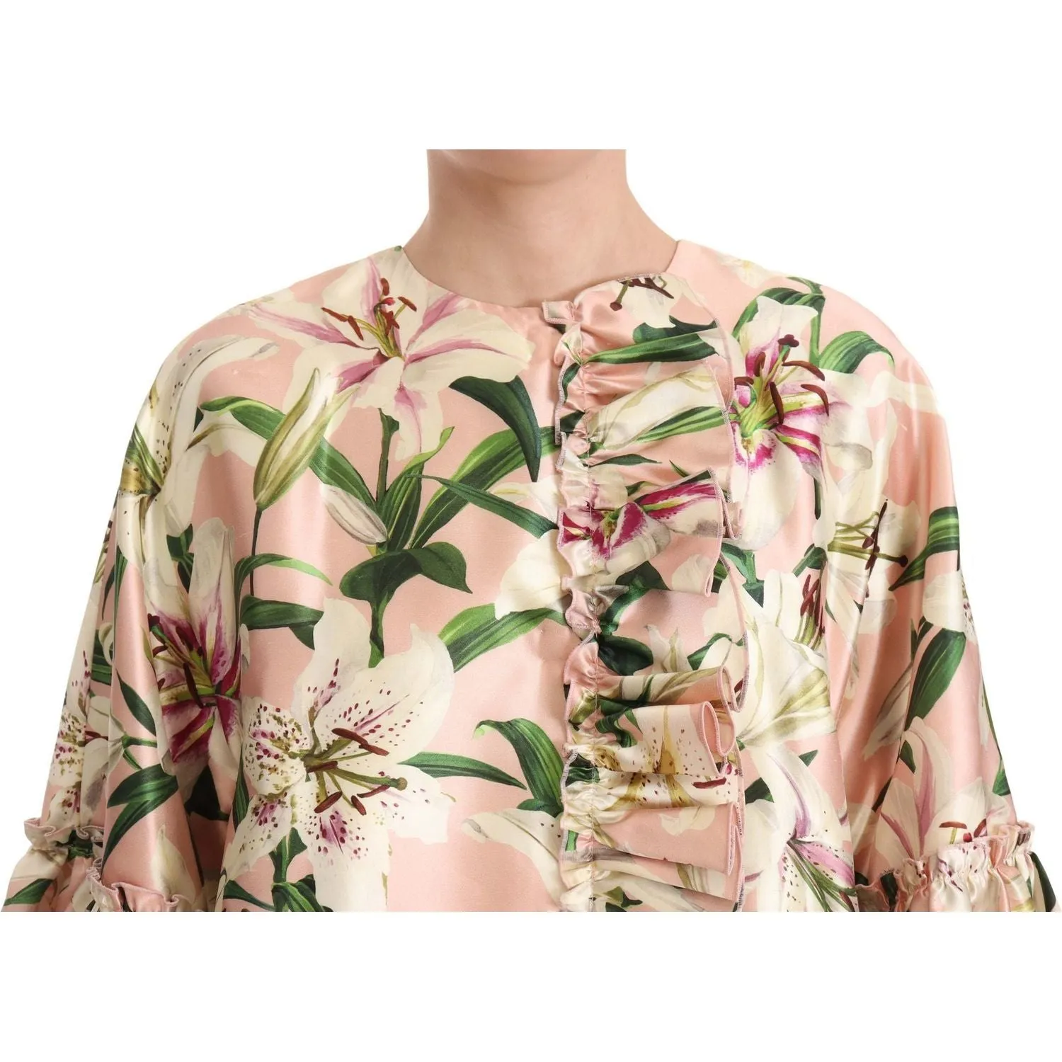 Dolce & Gabbana Elegant Floral Ruffled Silk Long Coat