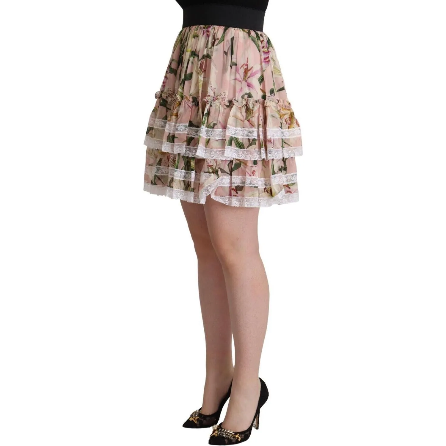 Dolce & Gabbana Elegant Lily Print Tiered A-Line Mini Skirt