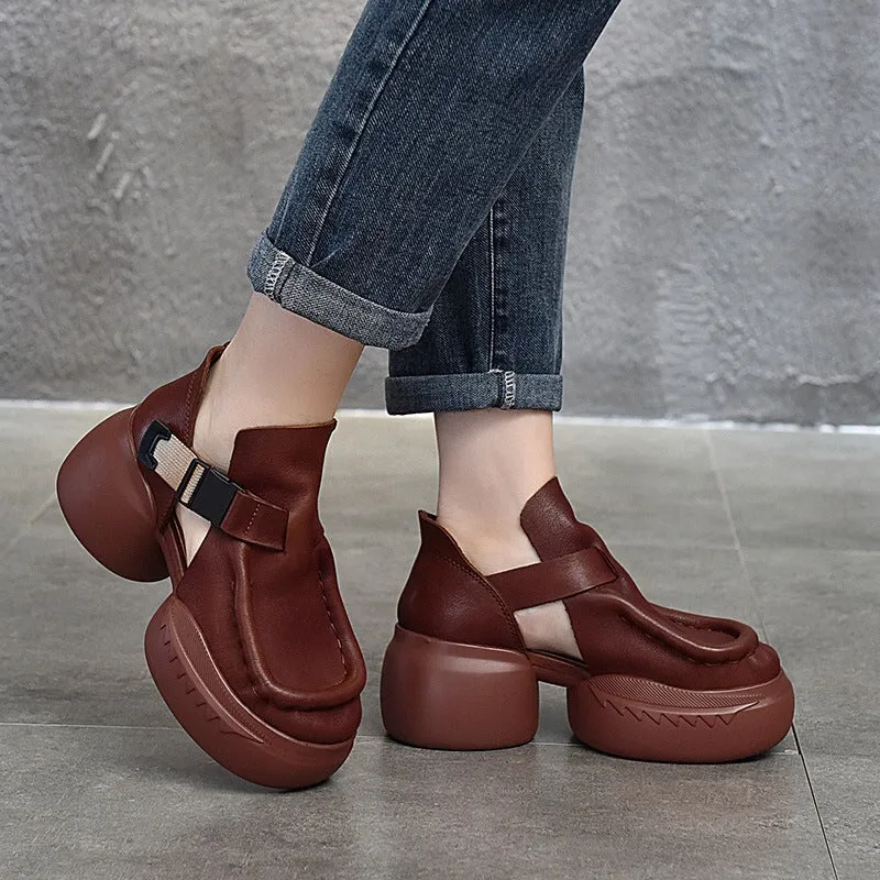 Genuine Leather Platform Sandals Side Button Retro Block Heel in Brown/Black