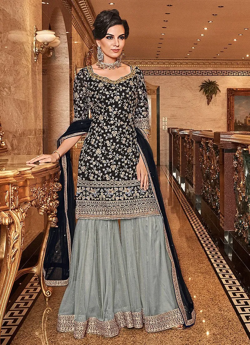 Gorgeous Black Floral Embroidered Straight Cut Sharara Suit