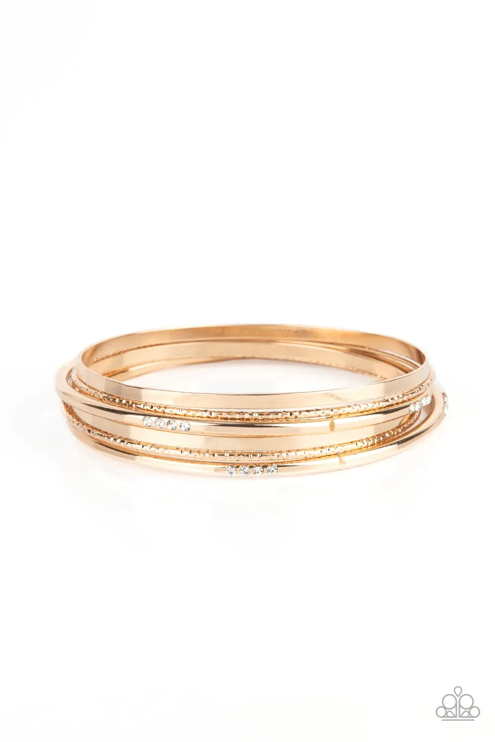 Lock, STACK, and Barrel - Gold Bangles - Paparazzi Accessories