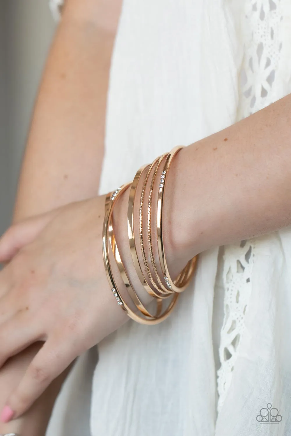 Lock, STACK, and Barrel - Gold Bangles - Paparazzi Accessories