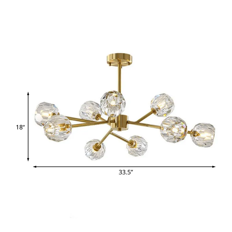 Modern Crystal Global Hanging Chandelier - 9-Light Brass Branch Pendant Lamp