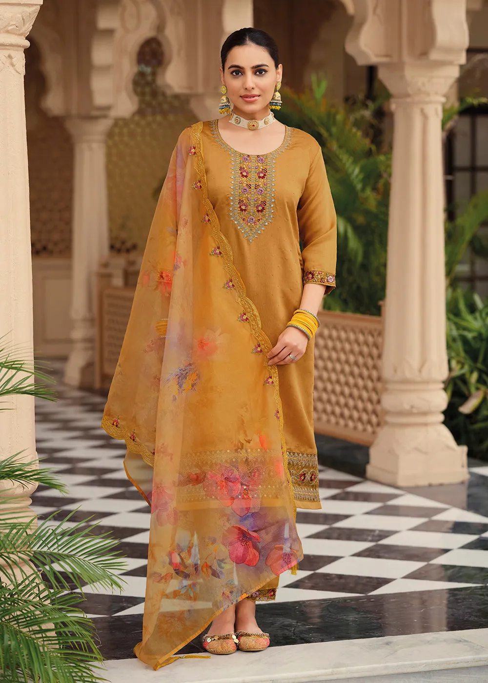 Mustard Color Embroidered Silk Pant Style Salwar Suit