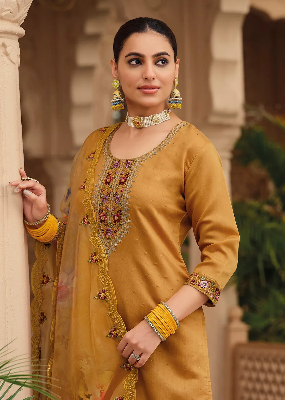 Mustard Color Embroidered Silk Pant Style Salwar Suit