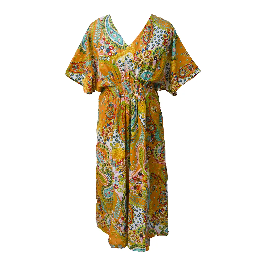 Mustard Paisley Cotton Smocked Maxi Dress Size 16-32 P204