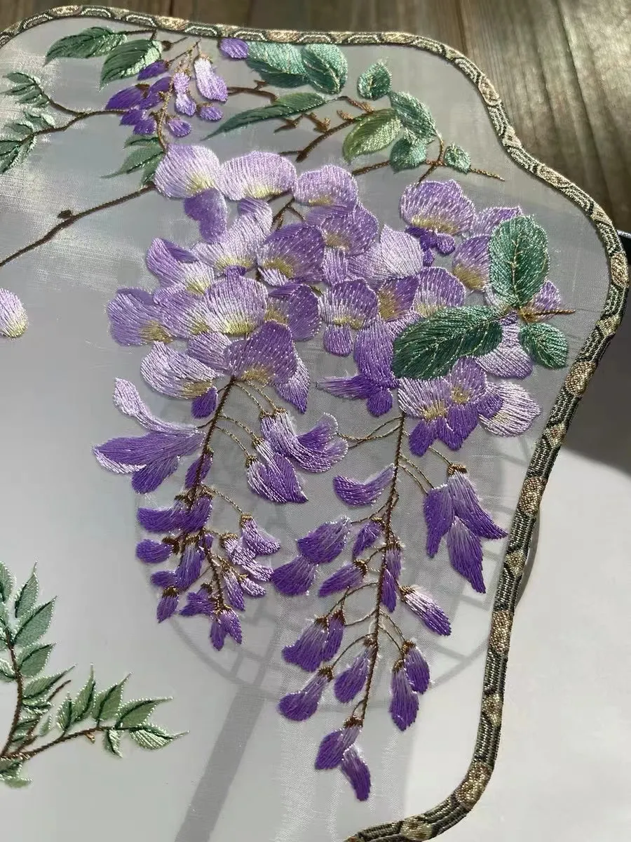 Nature Inspired Beautiful Purple Wisteria Blooming Single-Sided Embroidered Decorative Fan Chinese Gift