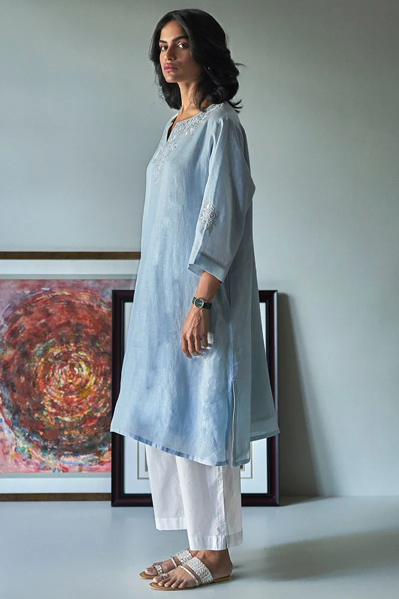 Pastel Blue Linen Top With Thread Embroidery Detailing on Neck and Sleeves