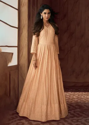 Peach Heavy Georgette Embroidered Wedding Party Anarkali Gown