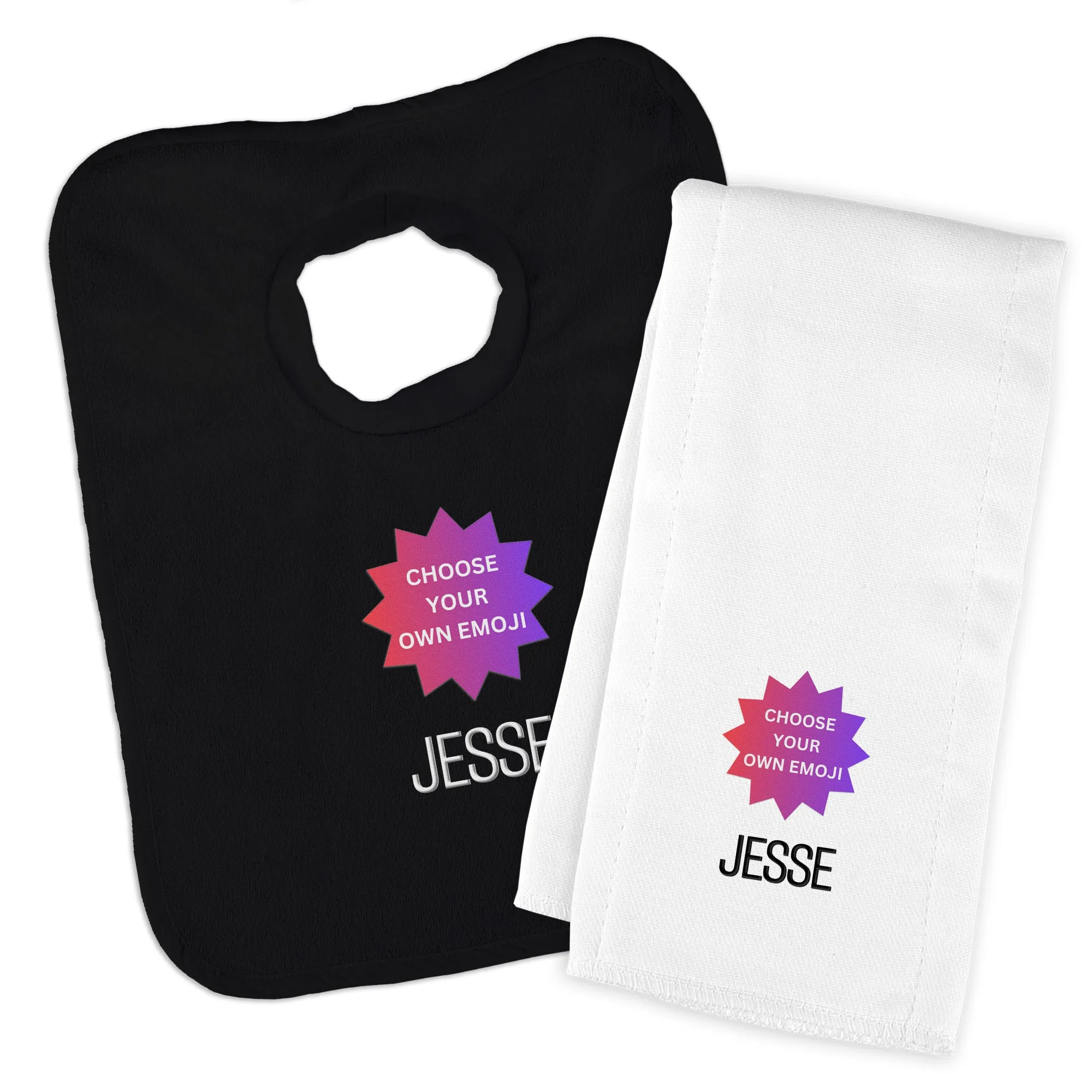 Personalized Choose Your Own Emoji Bib & Burp Cloth Set