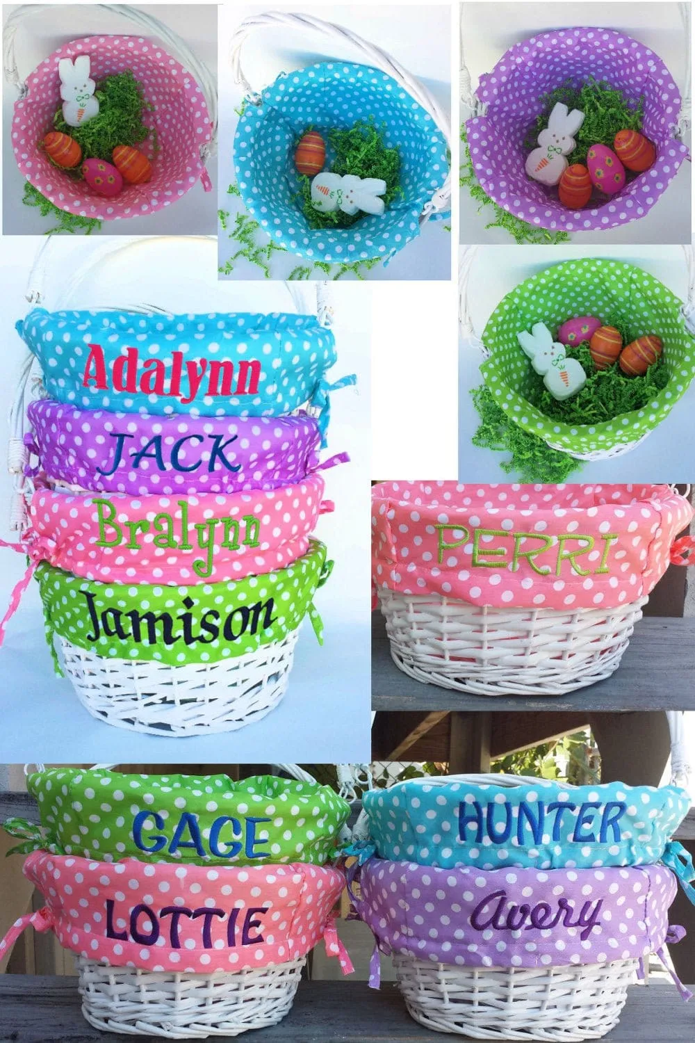 Personalized Easter Basket -Easter Baskets Folding Handle Polkadot Easter Basket Liner Blue Green Purple Pink For Boys Girls White Yellow