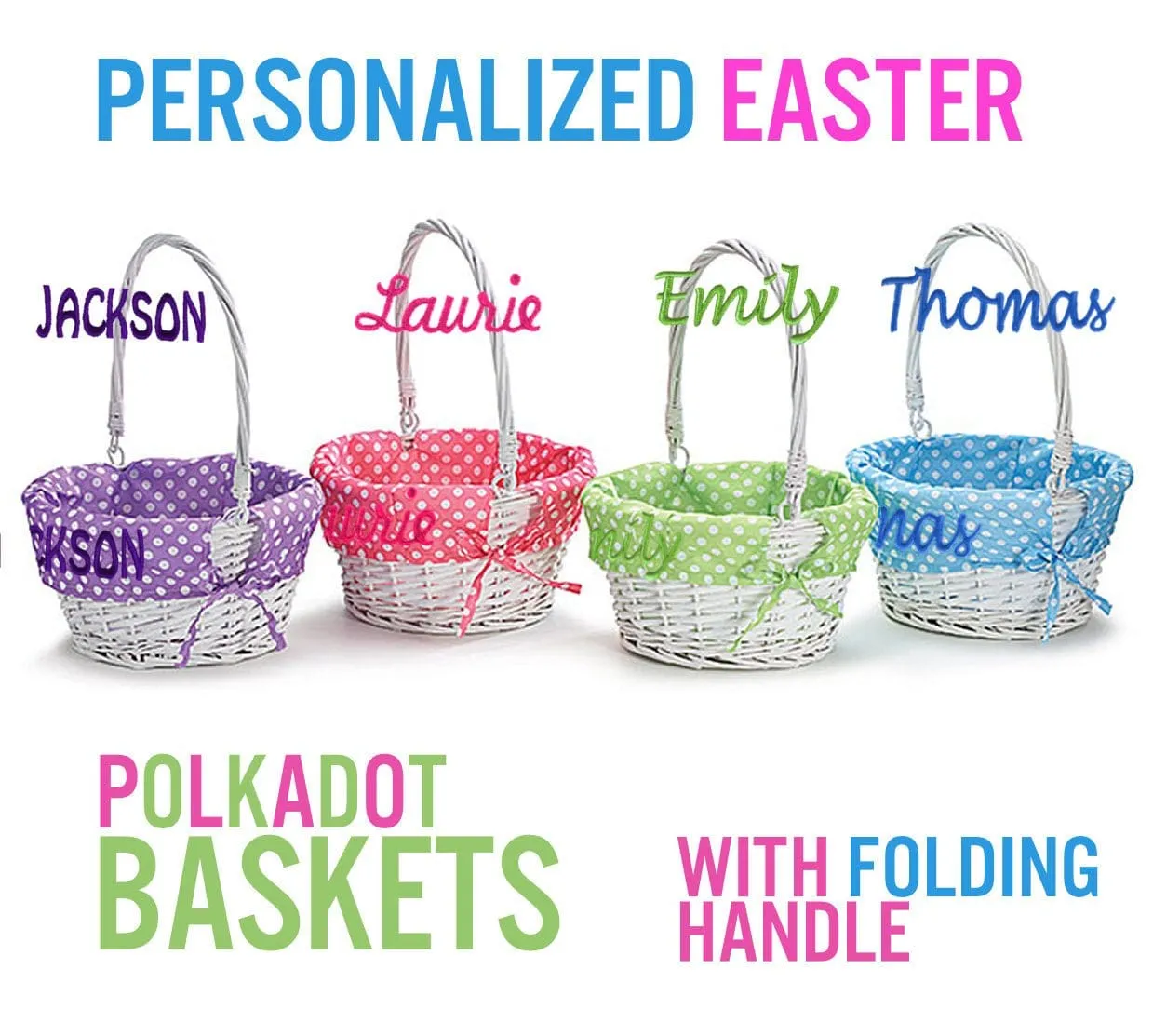 Personalized Easter Basket -Easter Baskets Folding Handle Polkadot Easter Basket Liner Blue Green Purple Pink For Boys Girls White Yellow