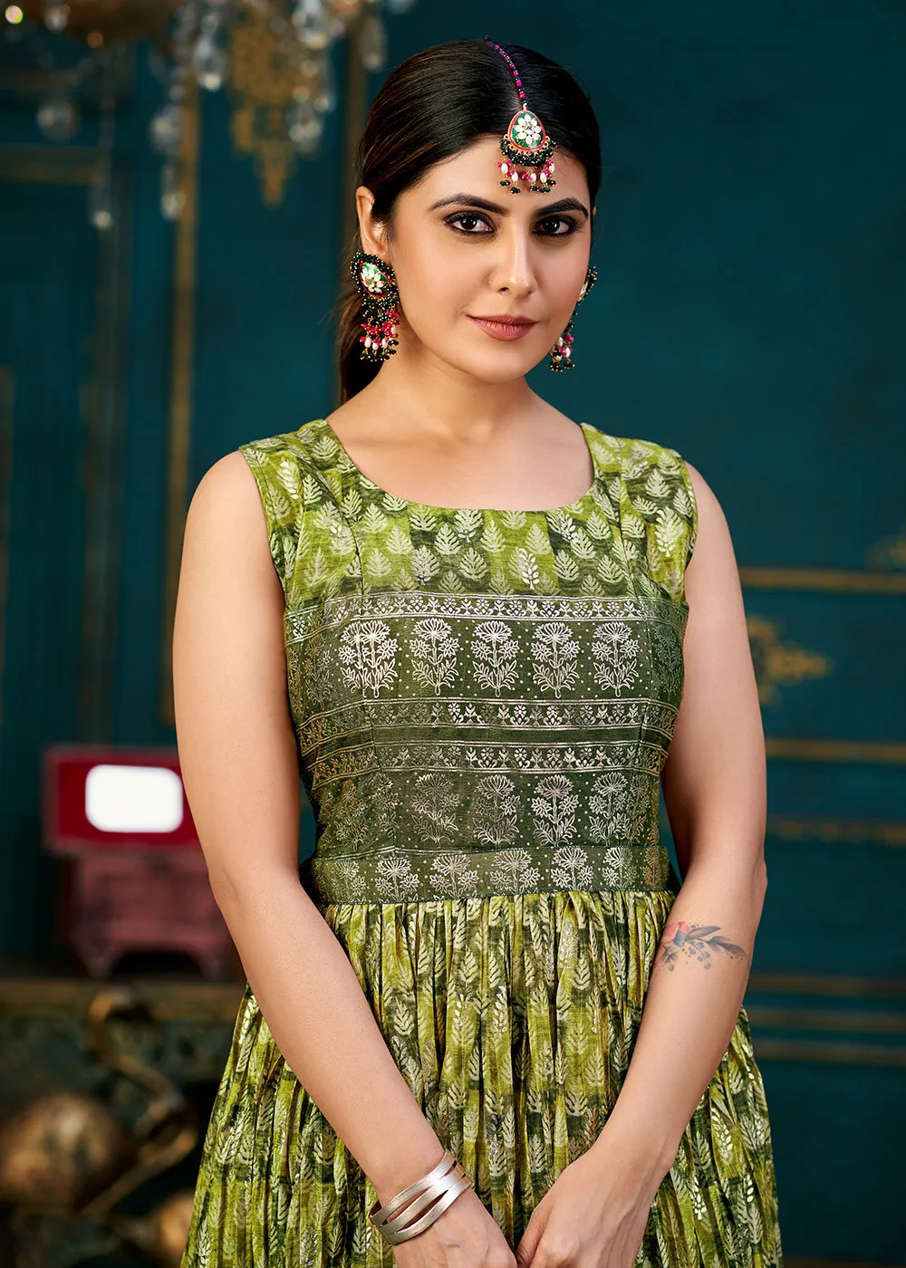 Pleasing Green Digital Foil Printed Ready to Wear Gown