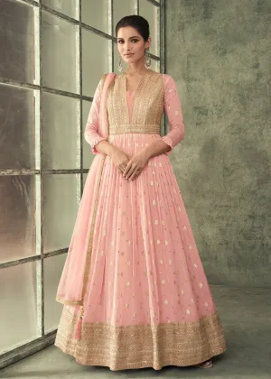 Pretty Pink Viscose Silk Embroidered Wedding Anarkali Gown