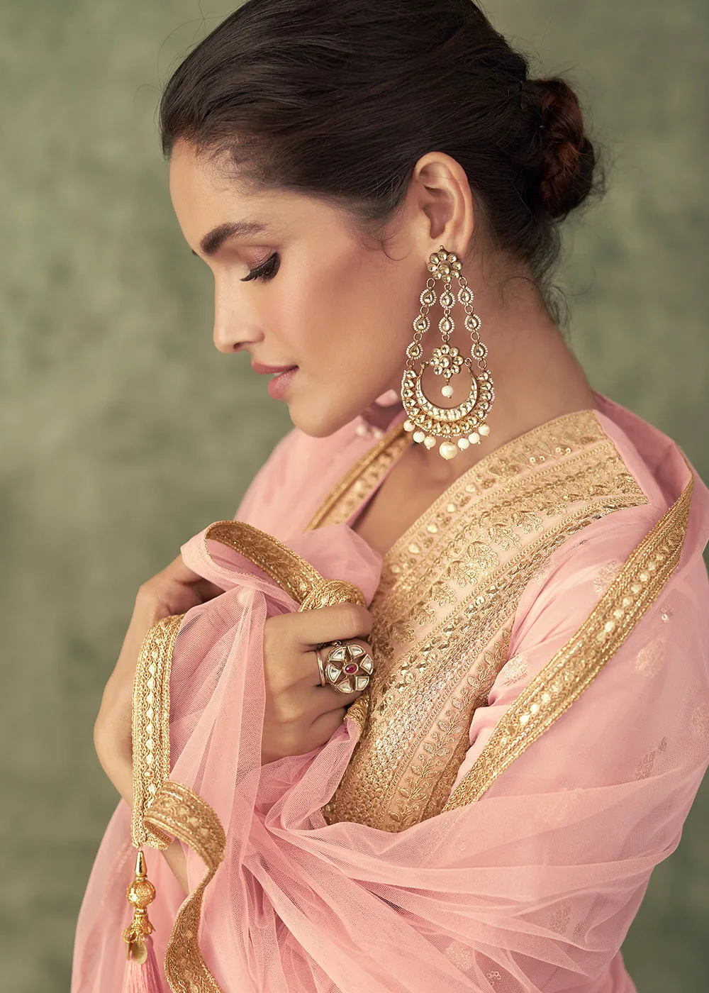 Pretty Pink Viscose Silk Embroidered Wedding Anarkali Gown