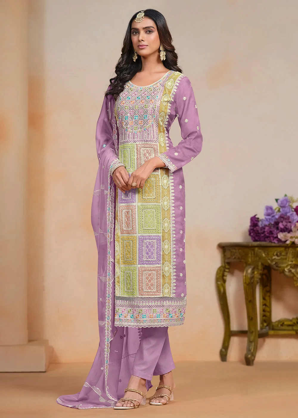 Purple Soft Organza Embroidered Festive Pant Style Suit