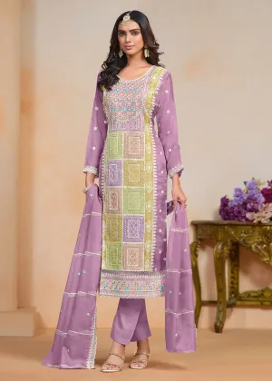 Purple Soft Organza Embroidered Festive Pant Style Suit